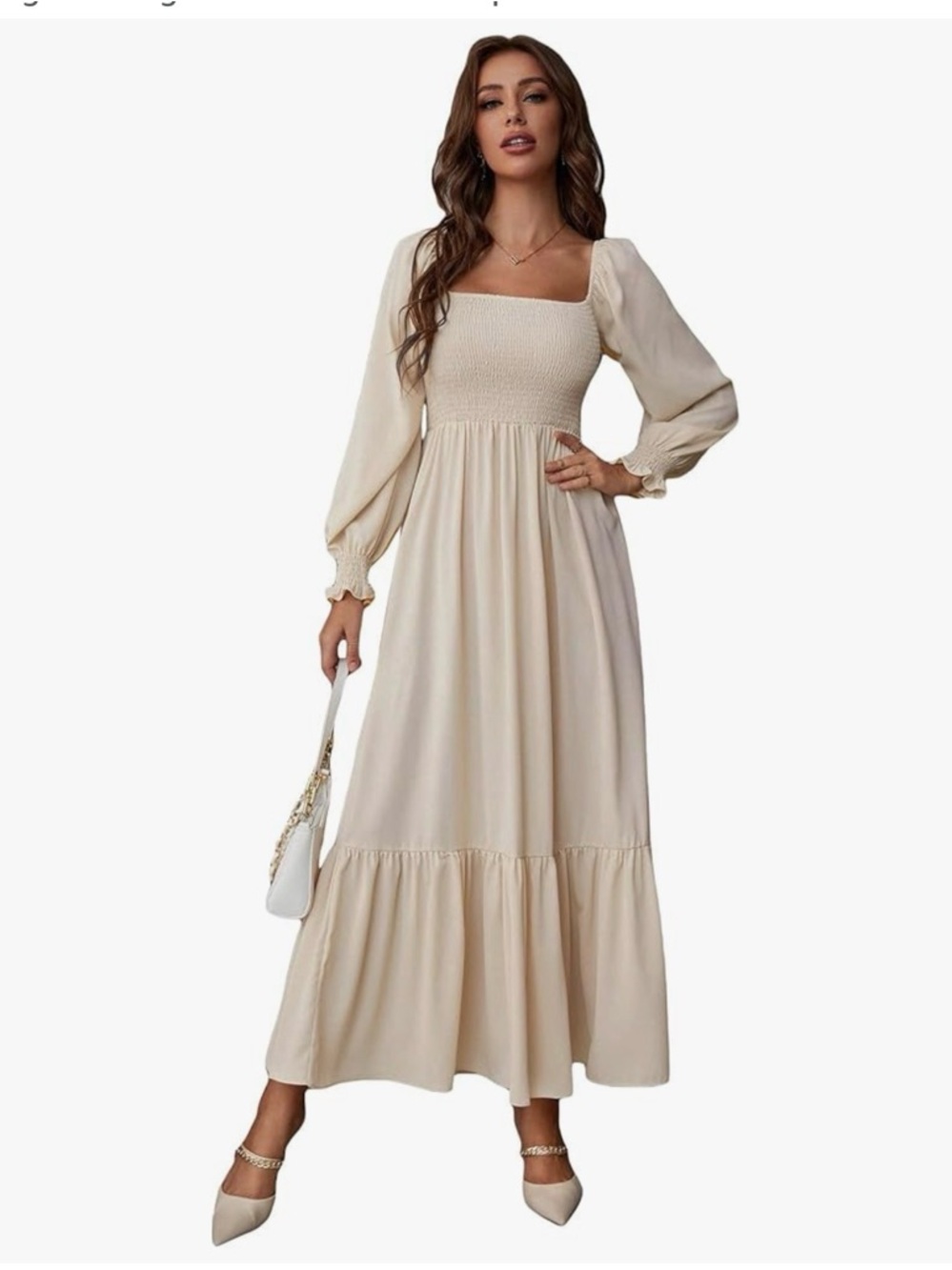 Smocked Square-Neck Cream Maxi Dress with Puff Sleeves